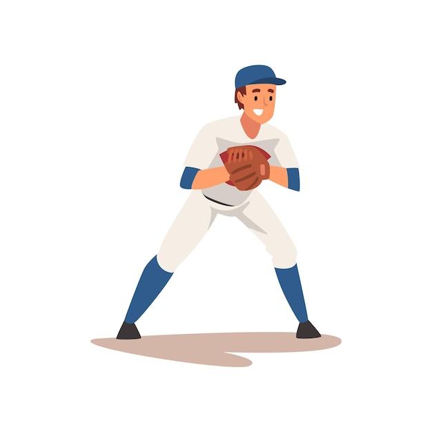 Catcher Waiting for Ball Baseball Player Character in Uniform Vector Illustration on White Background