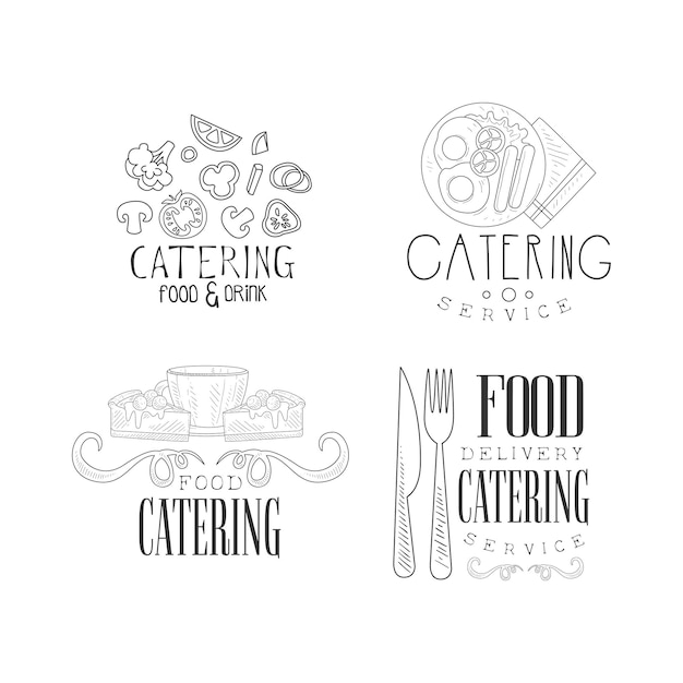 Catering and food delivery service logo templates in sketch style Monochrome emblems with vegetables English breakfast coffee cup with cakes and cutlery Vector design for promo poster or banner