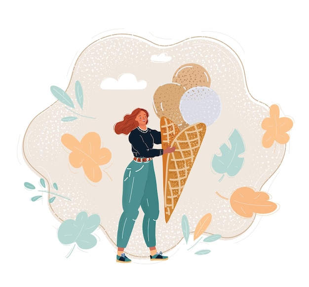 Catoon vector illustration of Summer girl eating big icecream Cartoon vector illustration