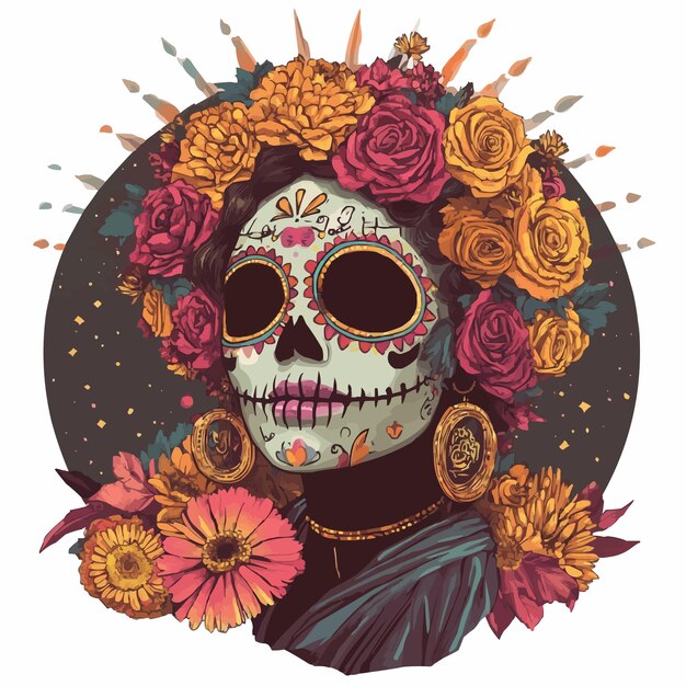 Vector catrina dead girl skull with marigold flowers