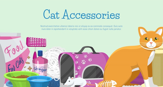 Vector cats accessories banner vector illustration. animal supplies, food, toys for cats, toilet and equipment for grooming and pet care.