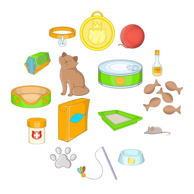 Cats accessories icon set, cartoon style