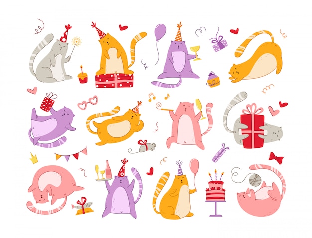 Cats birthday party set - funny kitten in festive hat, gift boxes and presents, birthday cake