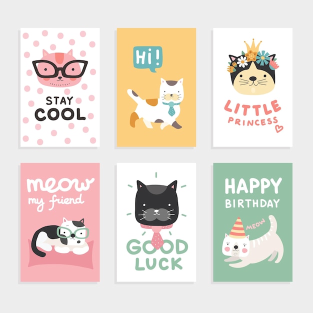 Cats cards Cute kittens cool and smart funny pets Little princess vector birthday invitation Birthday greeting kitten pet cartoon illustration card