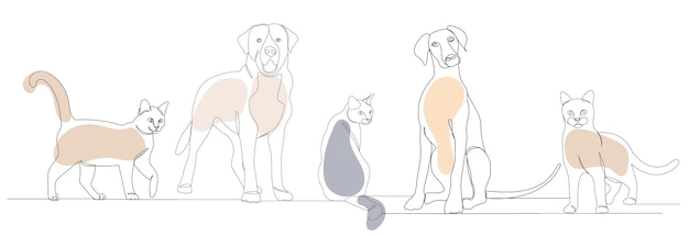 Cats and dogs drawing by one continuous line sketch