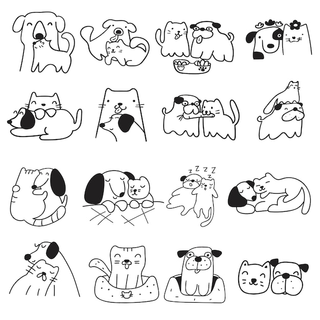 Cats and dogs playing together Outline icons Collection of vector illustrations