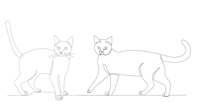 Cats drawing by one continuous line, vector