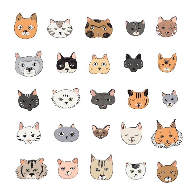 Cats faces cartoon doodle vector illustrations set