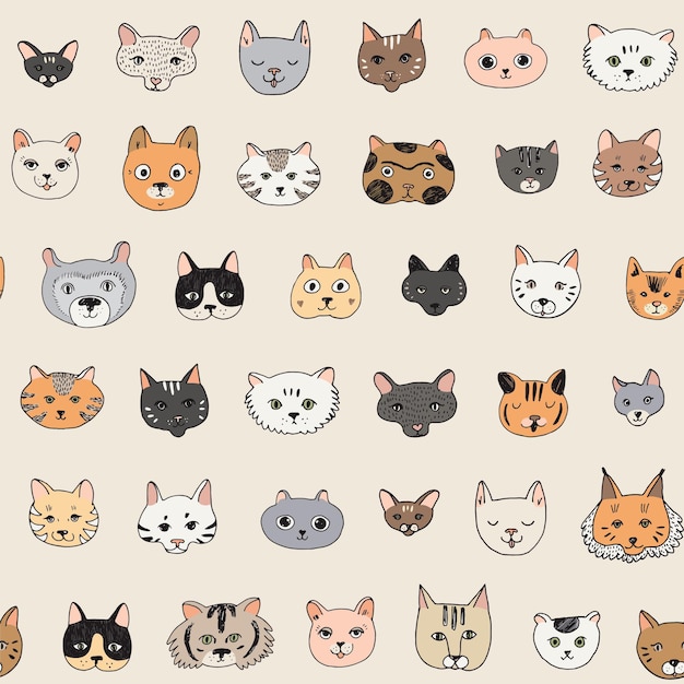 Cats faces doodle vector seamless pattern