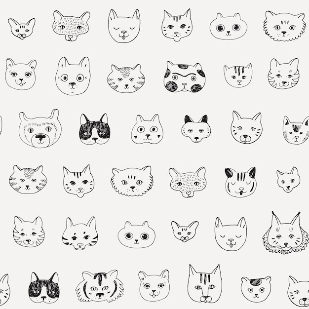 Cats faces doodle vector seamless pattern