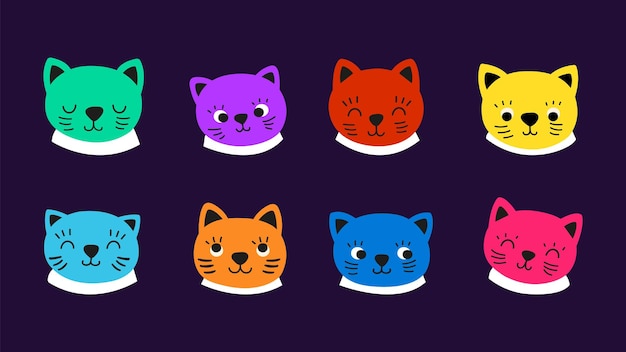 Vector cats faces kitten emotional face cat avatars with big cartoon eyes abstract color animal with ears modern neon vector design elements