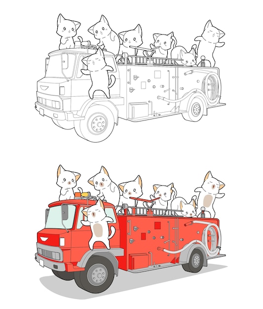 Vector cats on firefighter truck cartoon coloring page for kids