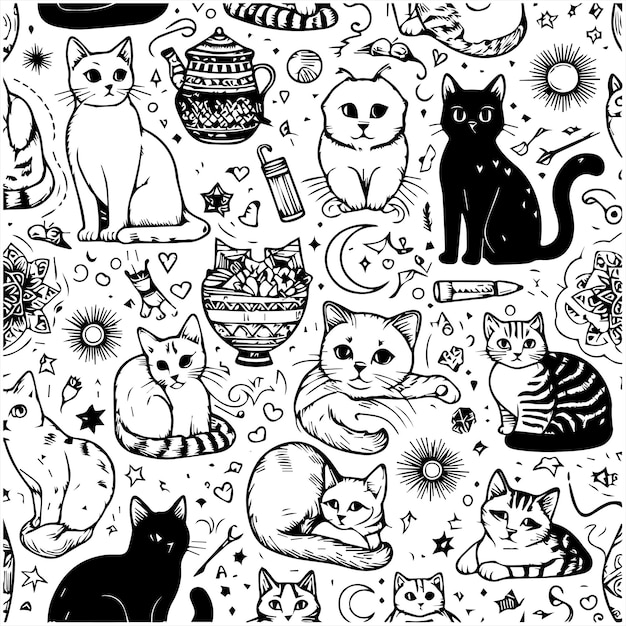 Cats hand drawn in line art style Seamless pattern Black and white pattern