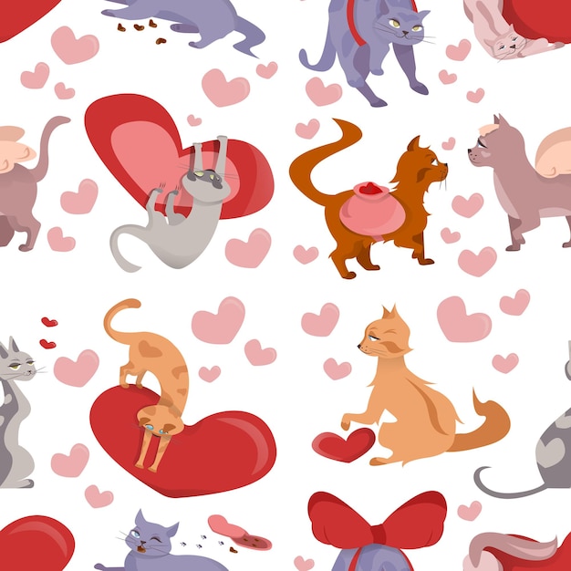 Cats and hearts on a white background for Valentine's Day