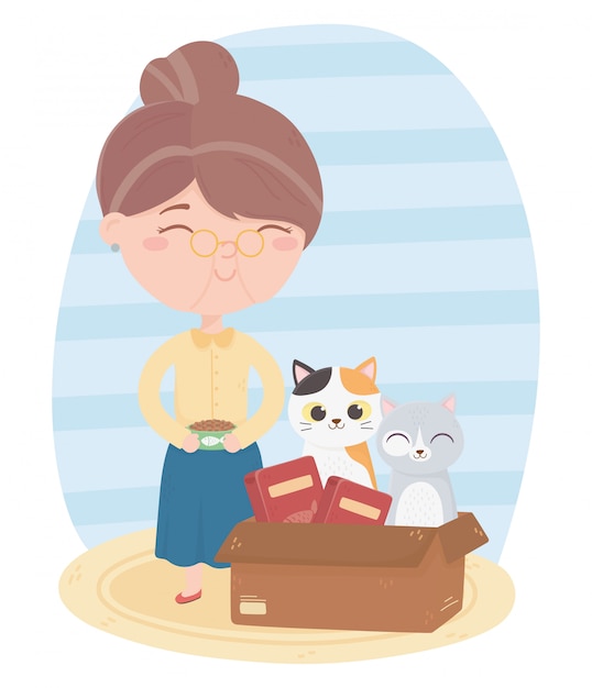 Cats make me happy, old woman with food and cat in box cartoon