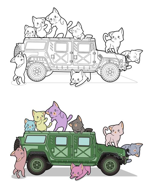 Vector cats and military vehicle cartoon easily coloring page for kids