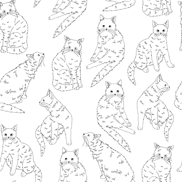 Cats pet animals, kittens seamless pattern. Hand drawn vector illustration. Black contour ornament. Design for decor, wallpaper, background, textile.