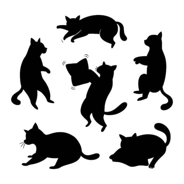 Vector cats playing with pillow silhouette illustration