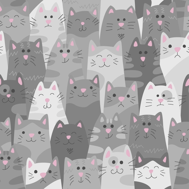 Cats seamless pattern in doodle and cartoon style