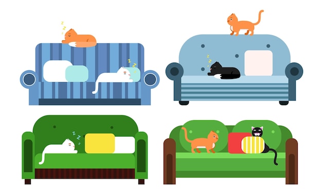 Cats Sitting and Sleeping on Soft Sofas Vector Set