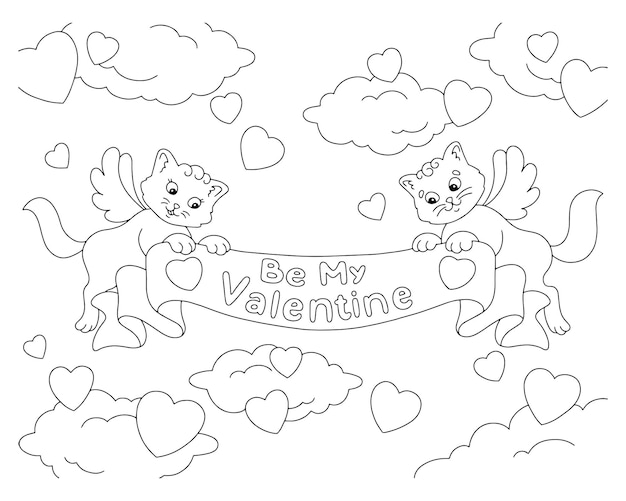 Cats with wings hold a ribbon with an inscription Coloring book page for kids Valentines Day