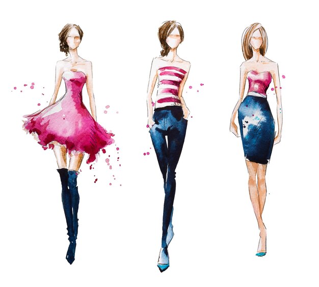 Vector catwalk. watercolor fashion illustration of theree women walking