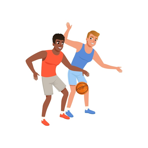 Caucasian and AfroAmerican guy playing in basketball Active lifestyle Cartoon characters of two young cheerful men in sportswear Colorful flat vector illustration isolated on white background