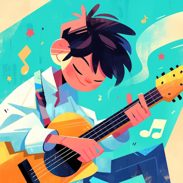 Vector caucasian boy in his 30s learning to play guitar