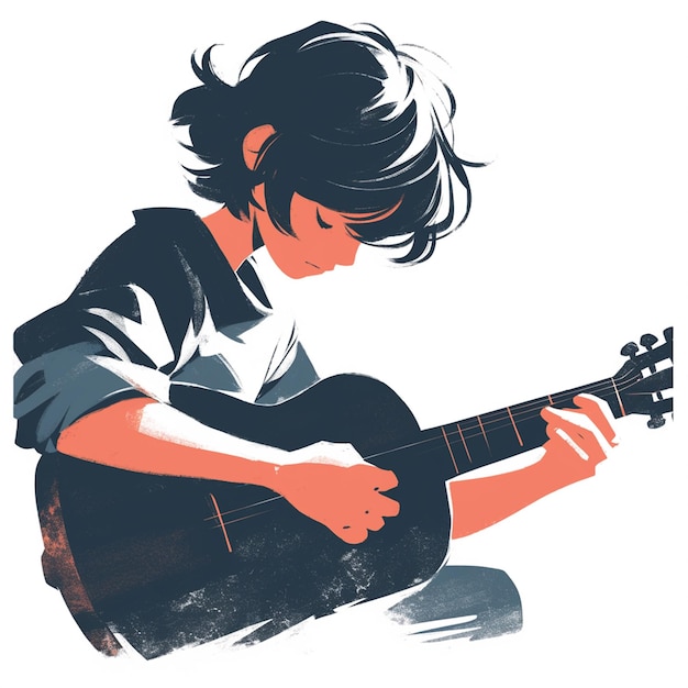 Vector caucasian boy in his 30s learning to play guitar