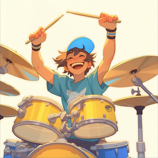 Vector caucasian boy in his teens playing the drums