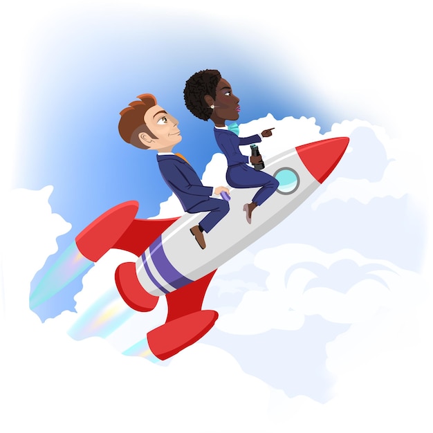 Caucasian businessman with black lady partner riding together on a rocket in space in a concept of s...