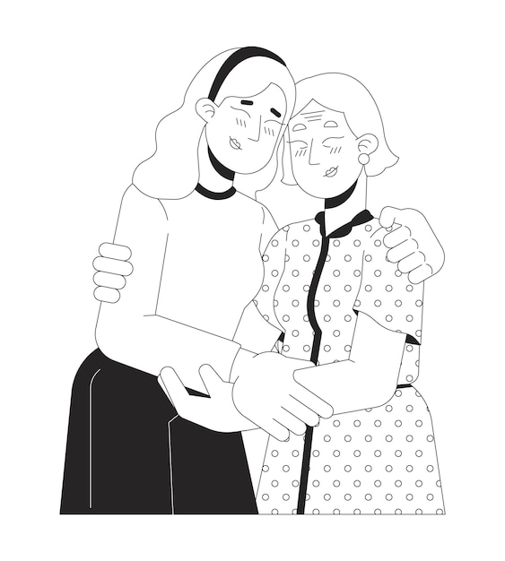 Caucasian elderly mother daughter hugging black and white 2D line cartoon characters