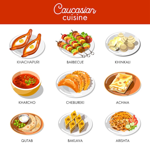 Caucasian or Georgian cuisine menu vector flat icons set