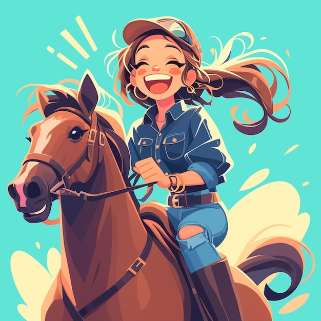 Vector caucasian girl in her teens learning to ride a horse