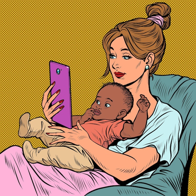 Caucasian mother and african child homework and motherhood love and care