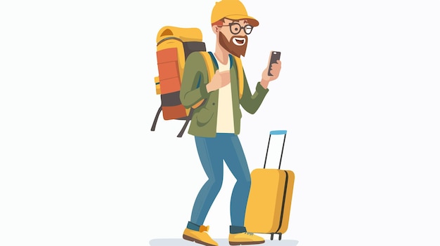 Vector caucasian traveler talking on a mobile phone outdoors