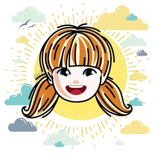 Caucasian type girl face expressing positive emotions, vector human head illustration. Beautiful redhead happy child with stylish haircut.