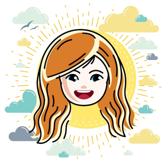 Caucasian type girl face expressing positive emotions, vector human head illustration. Beautiful redhead happy child with stylish haircut.