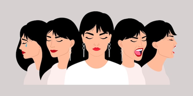 Caucasian woman emotions. Girls expressions profile image, lady angry shocked sad pleased screaming faces, women expreation feelings portrait vector illustration