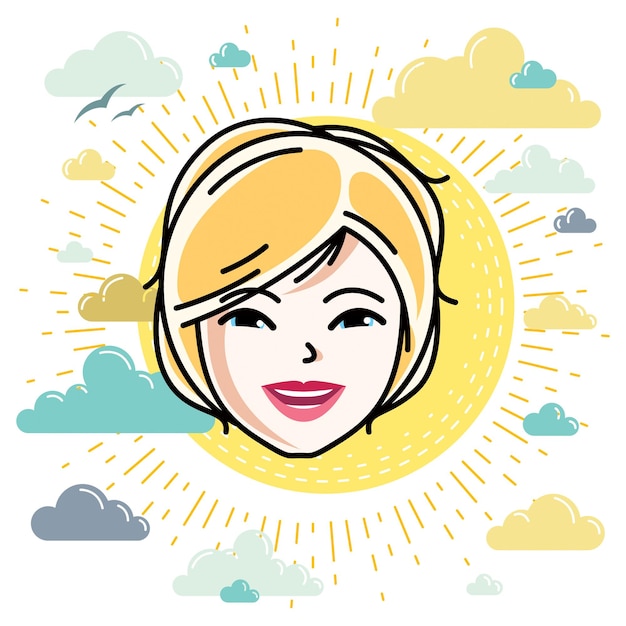 Caucasian woman face expressing positive emotions, vector human head illustration. Attractive blonde female with stylish haircut.