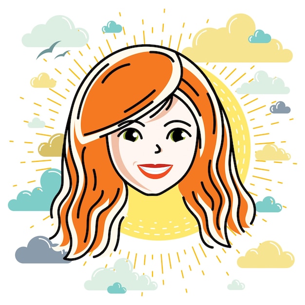 Caucasian woman face expressing positive emotions, vector human head illustration. Attractive redhead female with stylish haircut.