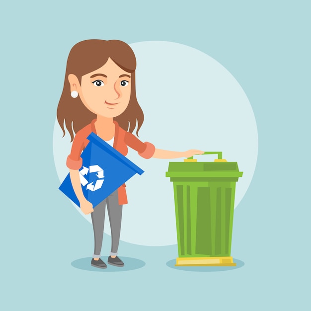 Caucasian woman with recycle bin and trash can.