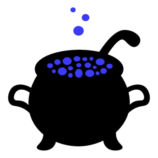 Cauldron of boiling potion. Silhouette. Bubbles of blue are flying upwards. Witch brew