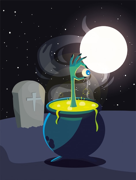 Cauldron bubbly of witch in cemetery scene