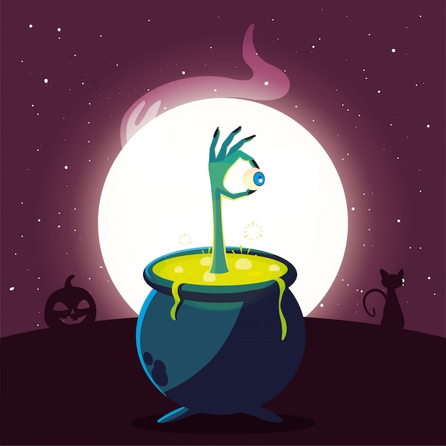 Cauldron bubbly of witch in scene of halloween