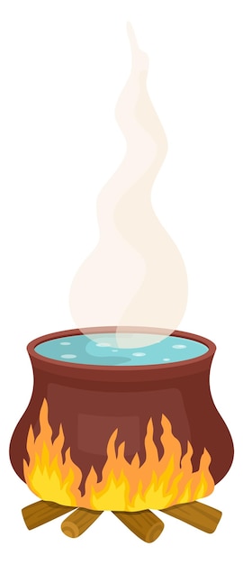 Cauldron on campfire with raising steam Witchcraft cartoon icon