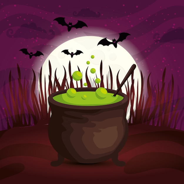 Cauldron with bats flying in scene halloween illustration