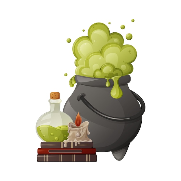 Cauldron with magic green potion. Potion in a glass flask, burning wax candle. Vector illustration