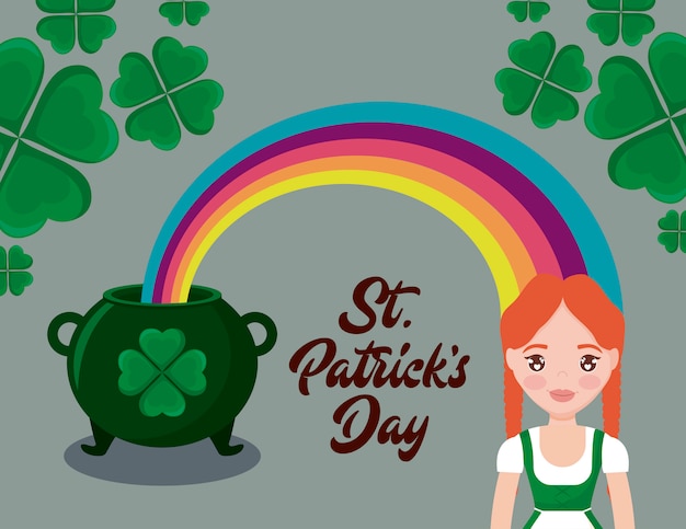 Cauldron with woman irish and rainbow of st patrick day