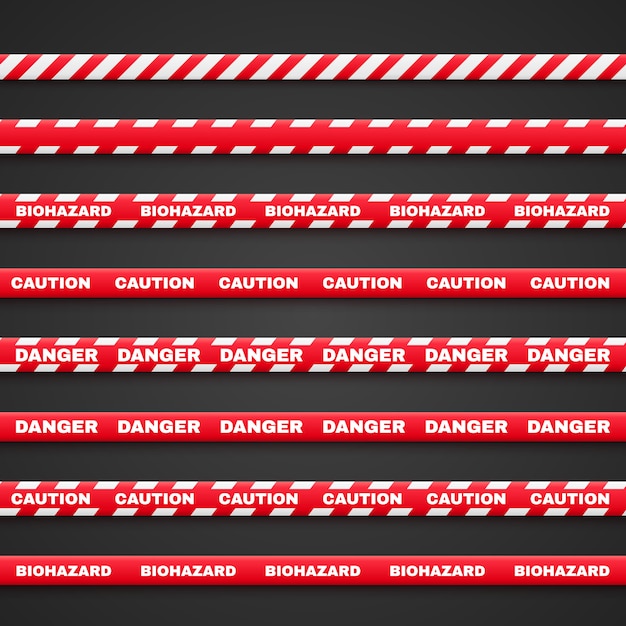 Caution, danger, red ribbons with the inscription warn. Illustration isolated on a black background.